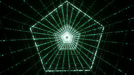 Futuristic dynamic wireframe star tunnel on green background. Magic particle flow inside the portal....