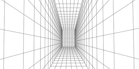 3D futuristic wireframe room on white background. Abstract perspective grid. vector illustration.のイラスト素材