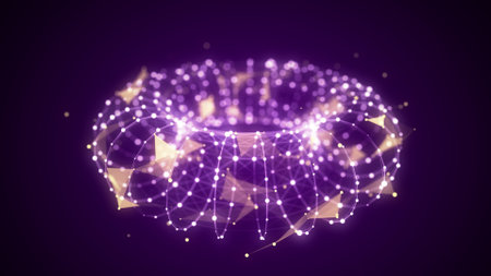 Futuristic dynamic wireframe torus on a purple background. The flow of scientific data. Futuristic digital technology. 3D rendering.の写真素材