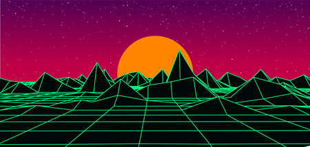Digital retro landscape 1980s style. Futuristic cyber surface. 80s Retro Sci-Fi background. Album cover or banner in the style of the 80-90s Vector illustration.のイラスト素材