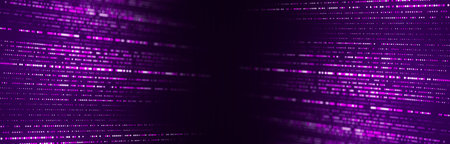 Double perspective futuristic grid on purple background. Flow of glitter dots in digital cyberspace....