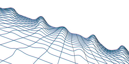 Futuristic wavy wireframe landscape of glitch effect on white background. Signal damaged in linear...