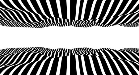 Abstract double optical illusion wave. A flow of black and white stripes forming a wavy distortion effect.のイラスト素材