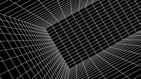 White 3d wireframe room on black background. Abstract perspective grid. vector illustration.