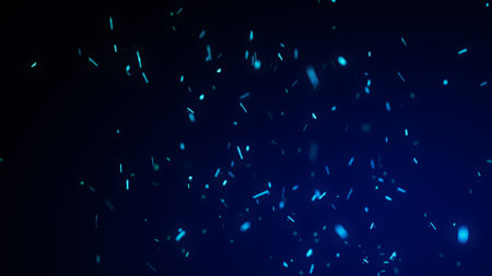 Dynamic fiery flying sparks on dark background. Flow of burning blue particle. 3D rendering.