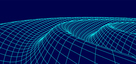 Digital wavy wireframe landscape on blue background. Futuristic linear undulating terrain. Digital...