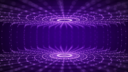 Futuristic purple circular particle flow. Structure of network connections. data compression technology. Big data visualization. 3D rendering.の写真素材
