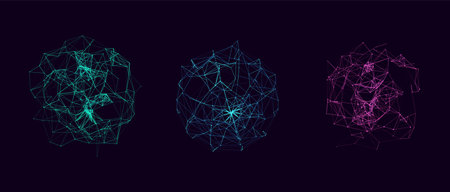 Set of abstract colorful spheres from points and lines on dark background. network connection structure. Big data visualization. vector illustration.のイラスト素材