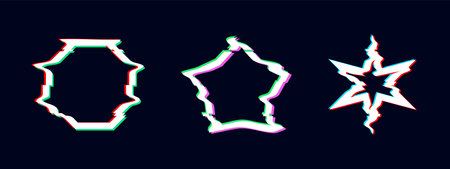 Set of vector geometric shapes with glitch effect. Damage to the structure of geometric shapes. Distortion of the digital stream. damaged signal. vector illustration.のイラスト素材