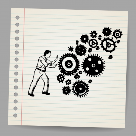 Business man pushing a cogwheel doodle conceptのイラスト素材