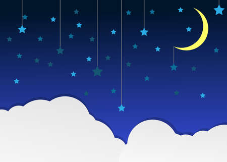 Night sky with moon and blue stars background. Vector illustrationのイラスト素材