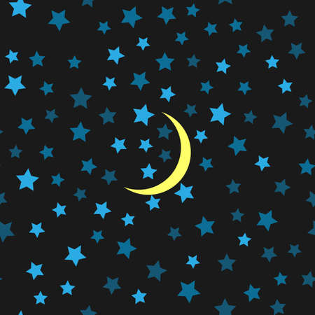 Seamless pattern with moon and blue stars on black background. Vector illustrationのイラスト素材