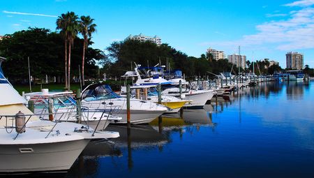 marina with city skylineの写真素材