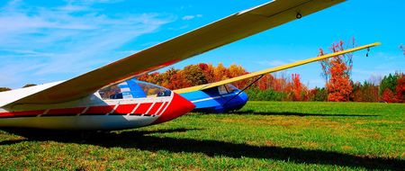 sailplanes parked on a grass runwayの写真素材
