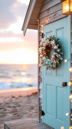 Christmas wreath on the front door of a wooden house on the beachの素材