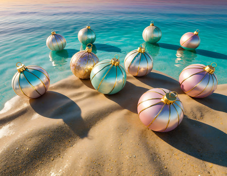 Christmas baubles on the beach. 3d render illustration.の素材