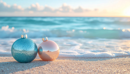 Christmas balls on the sandy beach against the background of the sea.の素材
