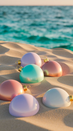 Colorful christmas baubles on the sand by the seaの素材