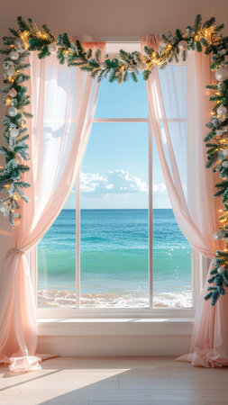 Beautiful room with a large window overlooking the sea and the beachの素材