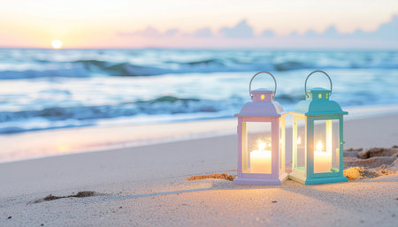 Lanterns on the beach at sunset. Travel concept.の素材