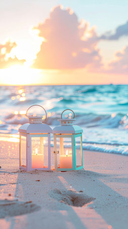 Lanterns on the beach at sunset. Travel background.の素材