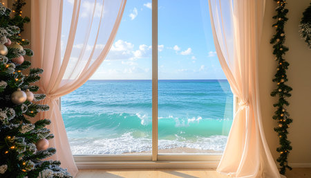 Christmas tree on the background of the sea and a window with curtainsの素材