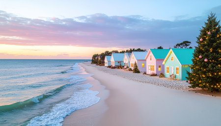 Row of colorful wooden houses on the beach at sunset, Baltic Sea, Polandの素材