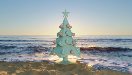 Christmas tree on the beach. 3D render. Holiday concept.の素材