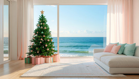 Christmas tree with decorations in living room with sea view. 3d renderの素材