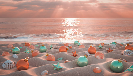 Christmas baubles on the beach at sunset. 3d renderの素材