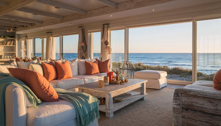 Luxury living room on the beach with sofa and pillowsの素材