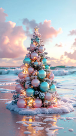 Christmas tree with blue and pink balls and lights on the background of the seaの素材