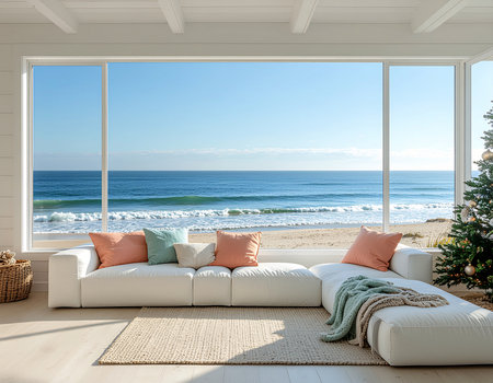 Cozy corner sofa with cushions and knitted plaid in front of the seaの素材