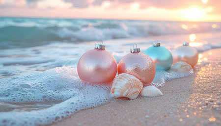 Christmas baubles on the beach at sunset. Holidays backgroundの素材