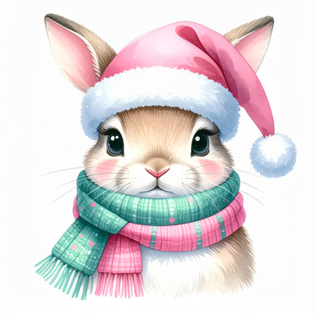 Rabbit in a Christmas hat and scarf. Hand-drawn illustration.の素材