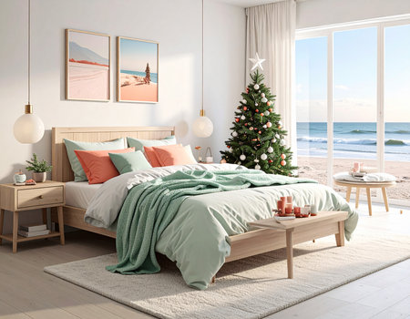Christmas tree with decorations on the background of the sea and a bed. 3d renderingの素材