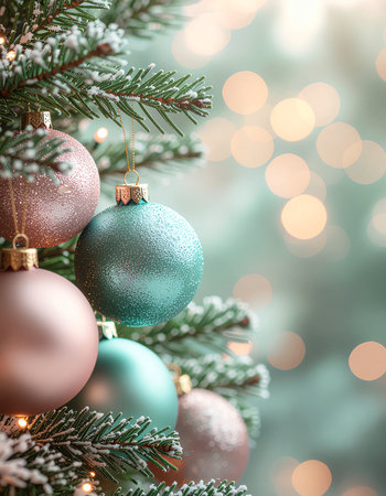 Christmas tree with colorful baubles on bokeh background.の素材