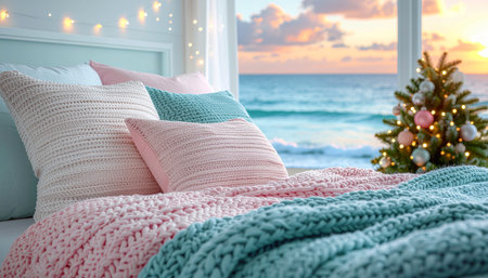 Cozy bedroom with Christmas tree and decorations on window sill at sunsetの素材