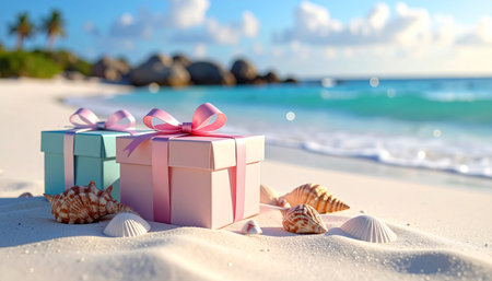 Gift box with pink ribbon and seashells on the beachの素材