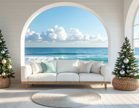 Christmas tree on the terrace with sea view. 3d renderingの素材