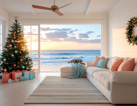 Christmas living room with a view of the sea. 3d renderの素材