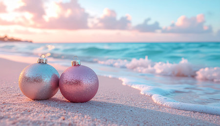 Christmas baubles on a sandy beach with sea waves in the backgroundの素材