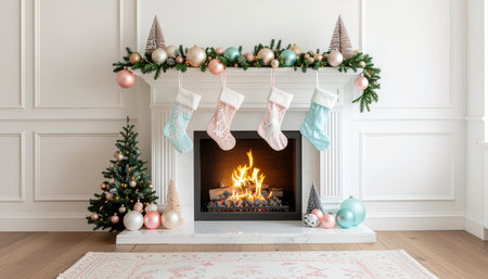 Christmas tree, fireplace, socks and Christmas decorations on a white backgroundの素材