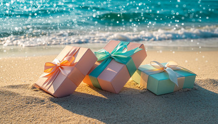 Gift boxes on the beach with sea background. Holiday concept.の素材