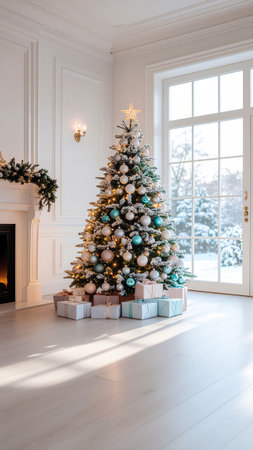Beautiful Christmas tree with gifts in the living room of the houseの素材