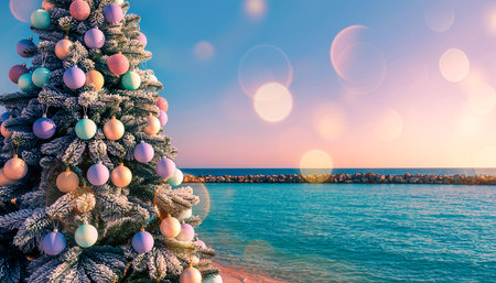 Christmas tree with baubles on the background of the sea.の素材
