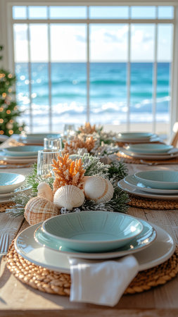 Festive table setting on the beach. Christmas and New Year conceptの素材