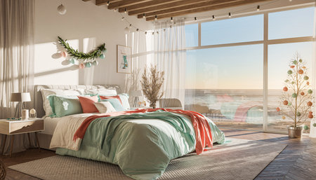 Luxury bedroom with sea view. 3d rendering mock upの素材
