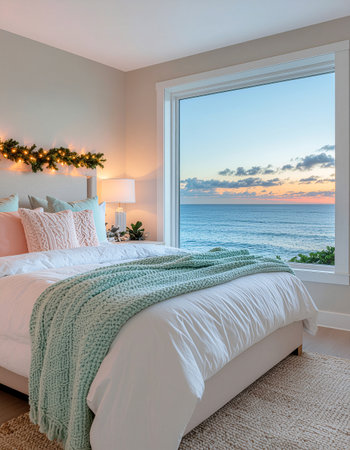 Luxury bedroom with sea view and white bed. Northwest, USAの素材