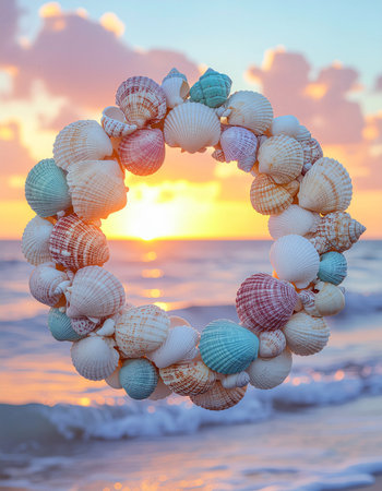 Wreath made of seashells on the beach at sunset.の素材